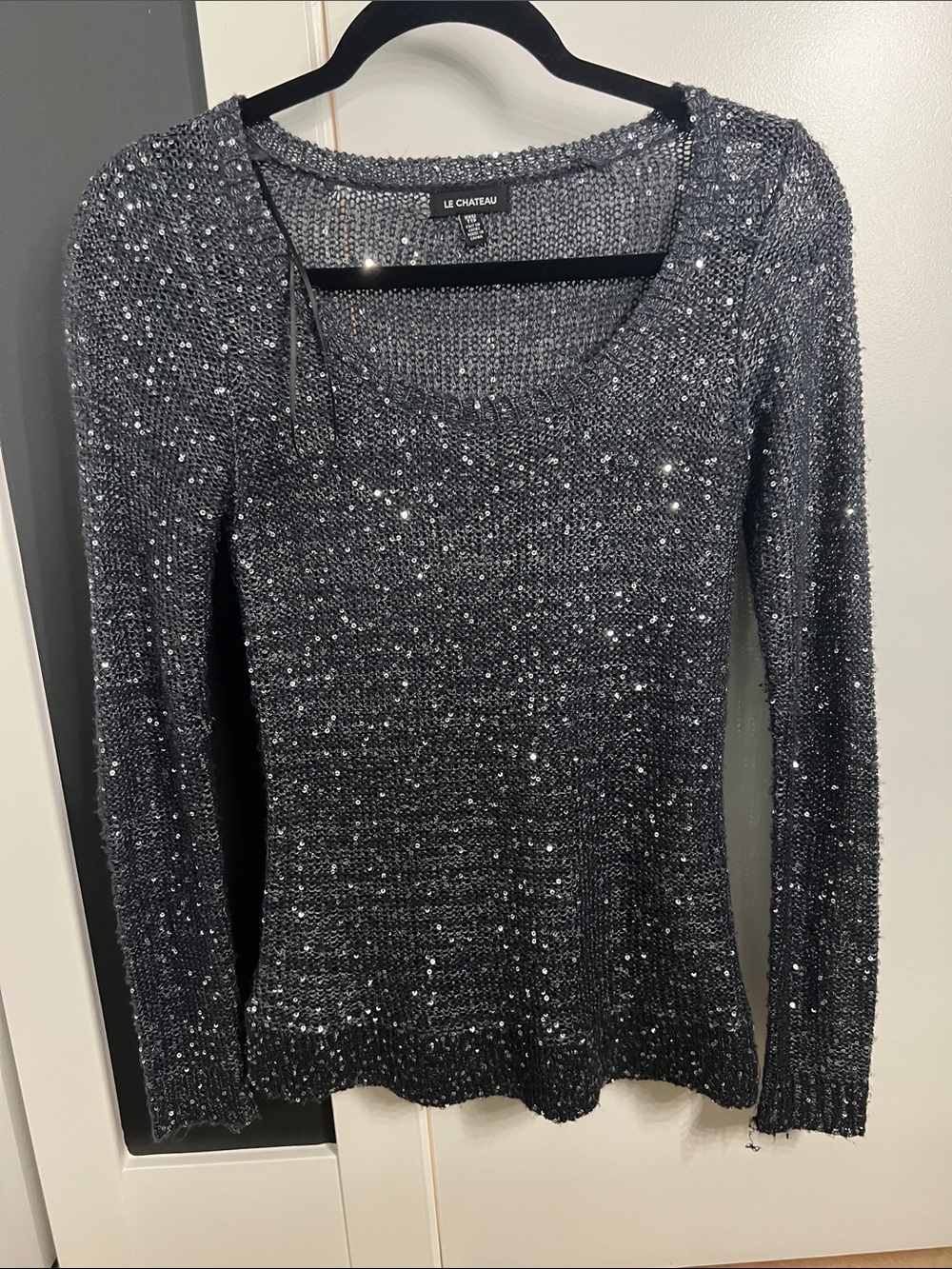 le chateau Silver-Accent Gray Sequin Knit Scoop Neck Sweater